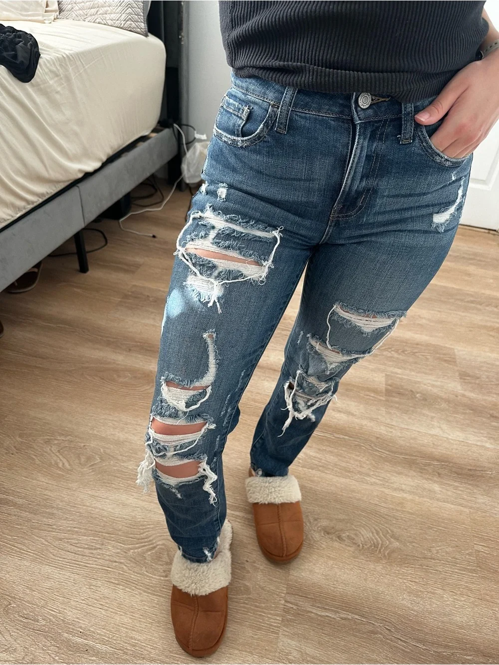 Ripped Boyfriend Jeans for Women - Dark Blue Distressed
